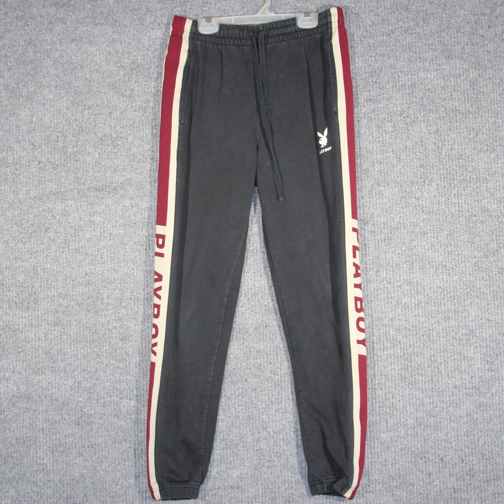 Playboy Sweatpants Mens Small Black Preppy Rare‎ Striped Pockets Rabbit